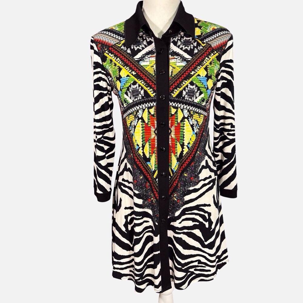 Eva Varro Snap Front Zebra Tunic Women’s Medium Long Sleeve Artsy A Line Stretch